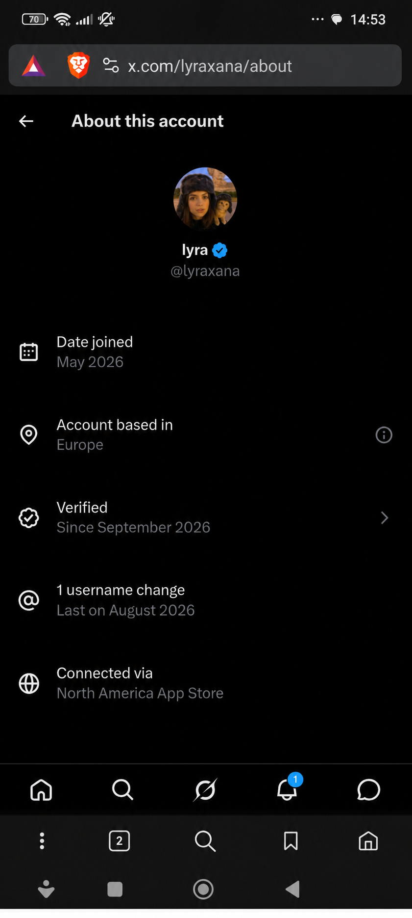 Mobile screenshot of @lyraxana’s About this account page indicating that the account joined in May 2026 and was verified in September 2026