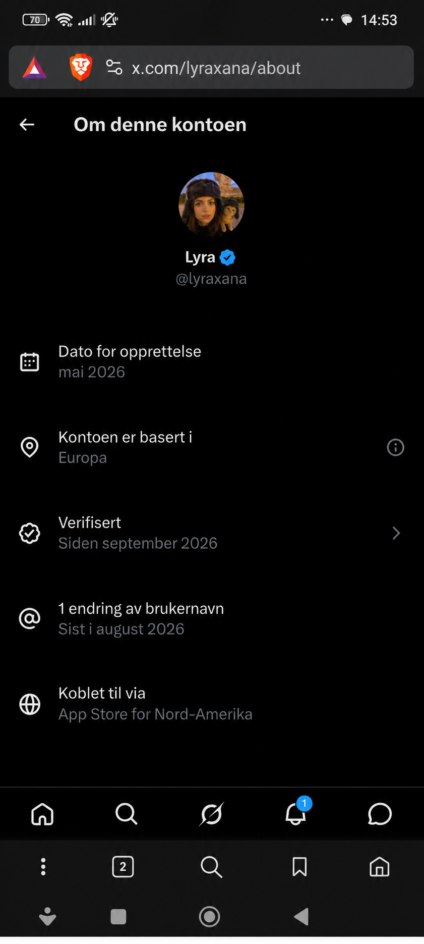 Mobilskjermbilde av siden About this account for @lyraxana, som viser registrering i mai 2026 og verifisering i september 2026